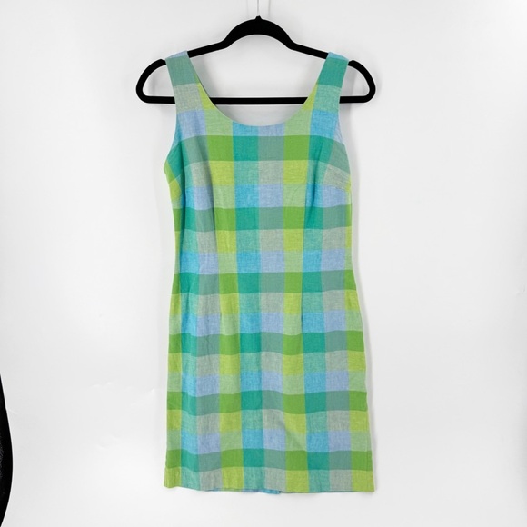 ✅ VINTAGE LAURA ASLEY GREEN/BLUE Plaid LINEN Sleeveless DRESS SIZE 4 - Picture 4 of 7